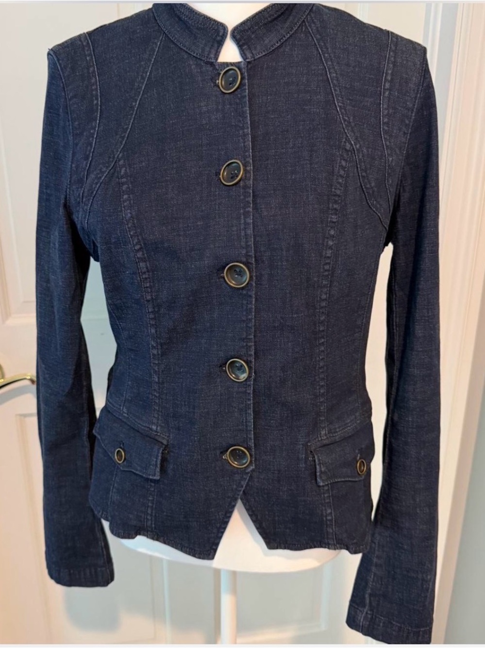White House Black Market Denim Blazer Jacket Sz 8 Dark Wash Military Office